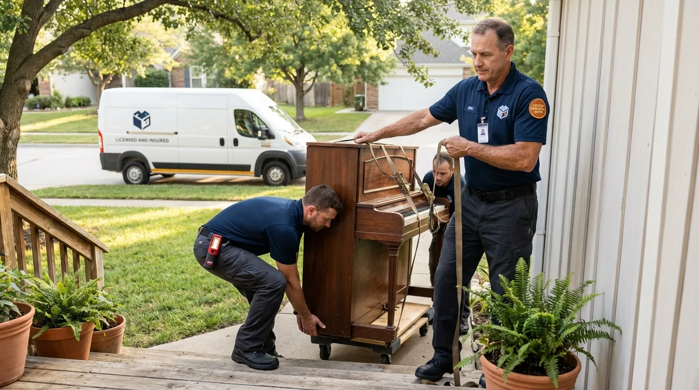Licensed piano movers securing grand piano in Isanti, MN