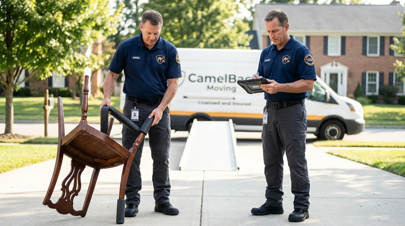 Movers inspecting furniture for damage prevention before loading in Isanti, MN
