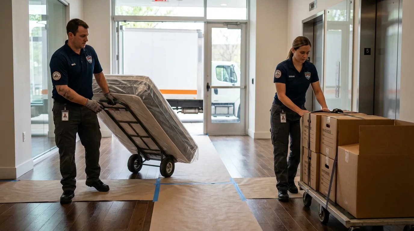 Professional apartment movers loading elevator in Isanti, MN