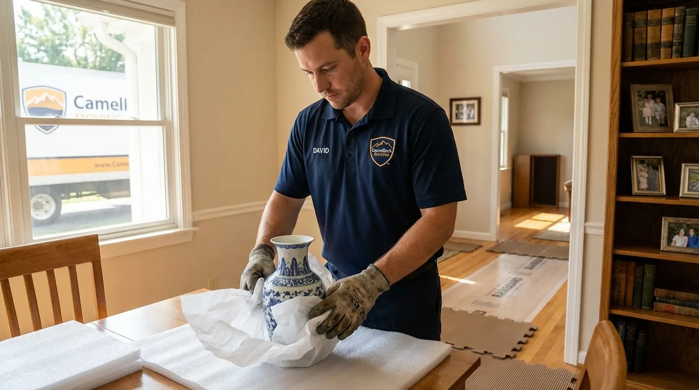 Professional crew carefully wrapping antique vase for senior downsizing move in Isanti, MN